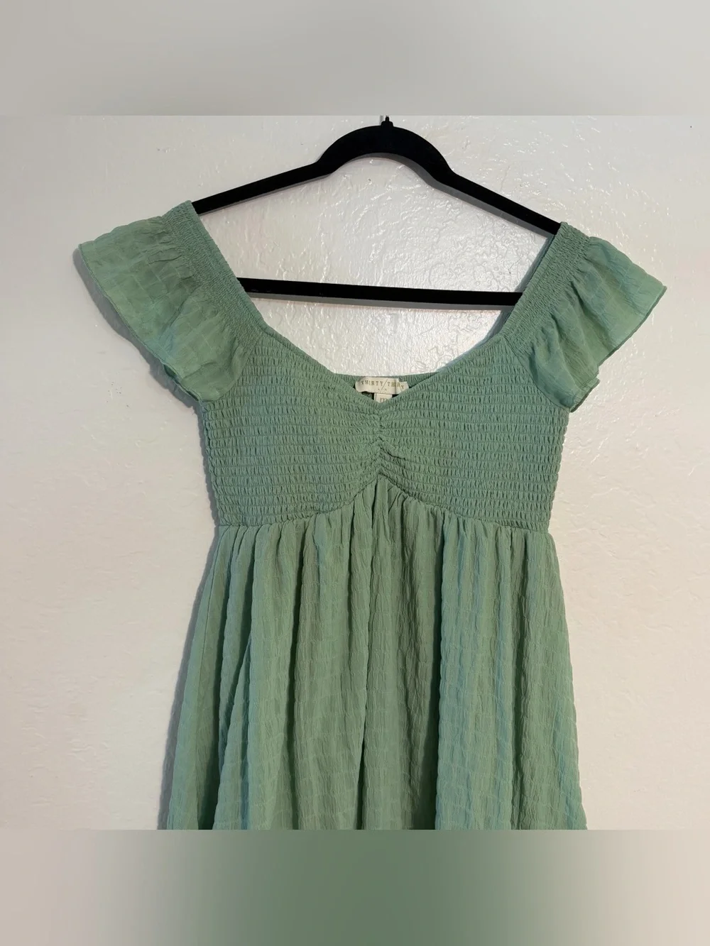 Thirty Thirty LA Sage Green Off Shoulder Smocked Tiered Ruffle Mini Dress M